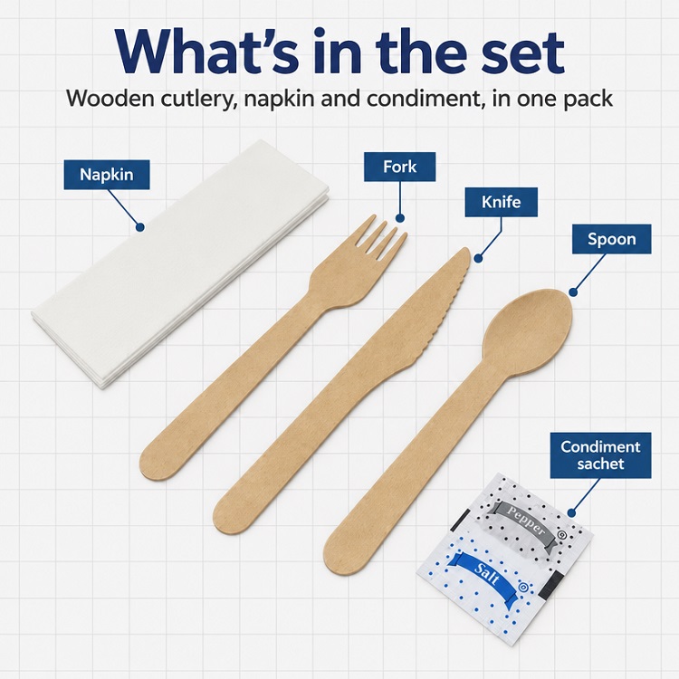 6 In 1 Wooden Cutlery Set - 50x Sets Per Pack