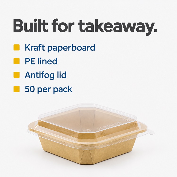 Octa Kraft Meal Tub PE Lined 1000ml/35oz with Antifog Lid - 50x Per Pack