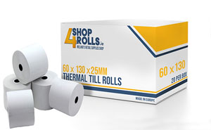60mm x 130mm x 25mm - Thermal Till Rolls - 10 Rolls Per Box