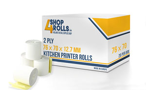 2 Ply Kitchen Till Rolls 76mm - Self Copy Rolls - White/Yellow 20Per Box