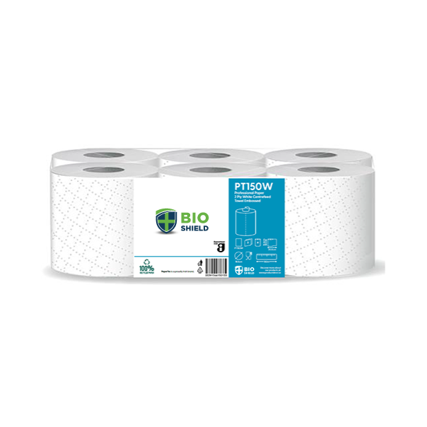 Bio-Shield White Centrefeed Rolls 2Ply 166mm x 150 Metres - 6x Per Pack