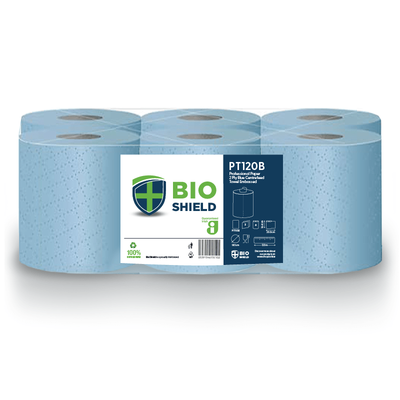 Bio-Shield Blue Centrefeed Rolls 2Ply 166mm x 120 Meters - 6x Per Pack