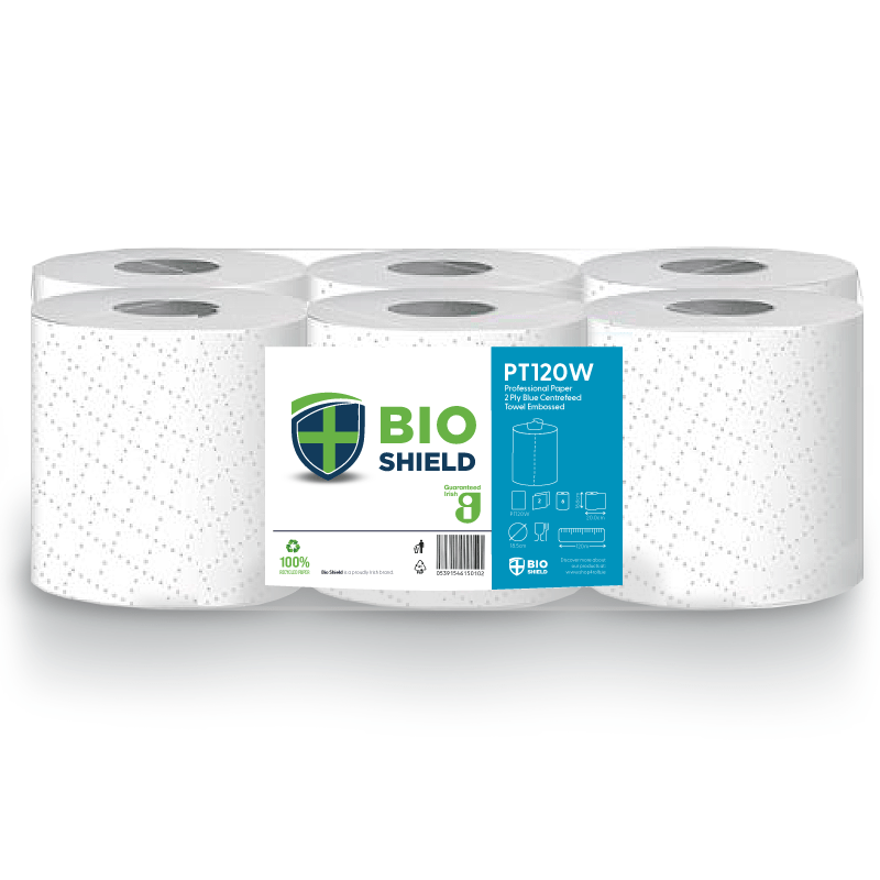 Bio-Shield White Centrefeed Rolls 2Ply 166mm x 120 Metres - 6x Per Pack