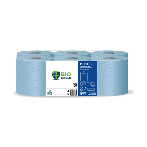 Bio-Shield Blue Centrefeed Rolls 2Ply 166mm x 150 Metres - 6x Per Pack
