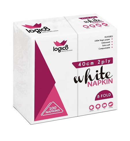 Dinner Napkins White - 2Ply 40x40cm 8x Fold - 100x Per Pack