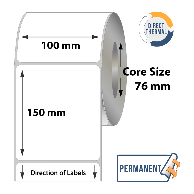 Zebra Direct Thermal Labels - 100mm x 150mm x 76mm - 1000x Labels Per Roll
