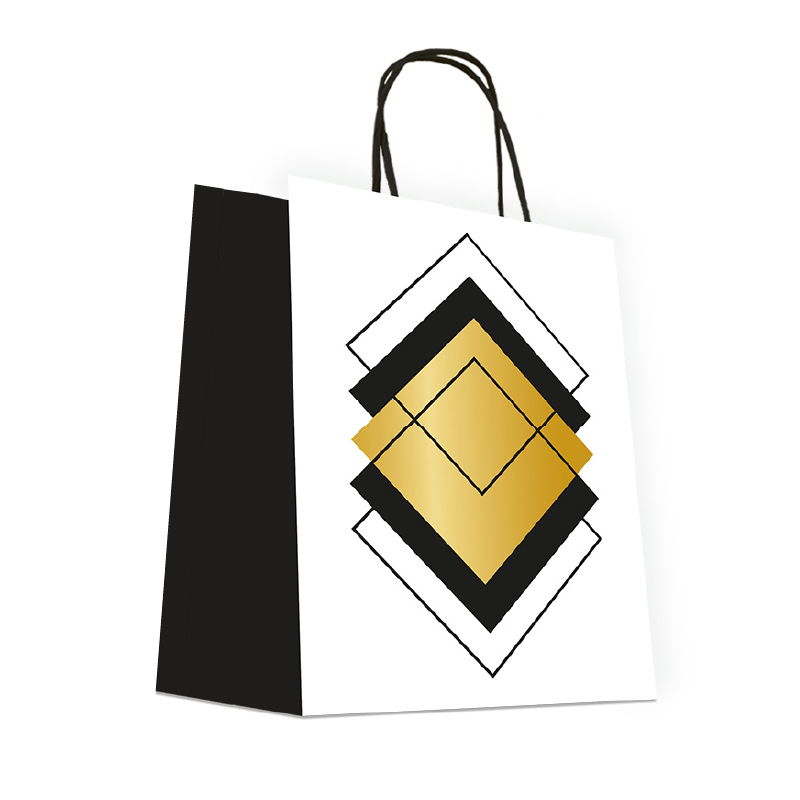 Luxury Gift Bag with Rope Handle - Black & Gold Squares - Extra Large Size - 50x Per Pack