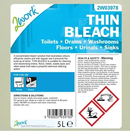 2Work Thin Concentrated Bleach 5 Litre - 1x Per Pack 2Work Thin Concentrated Bleach 5 Litre - 1x Per Pack