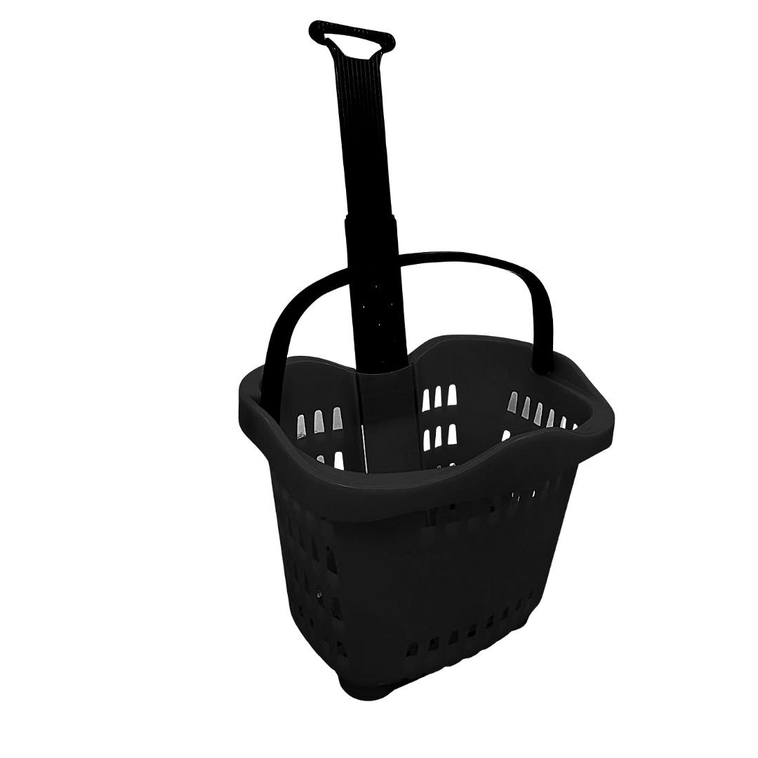 Black Plastic Shopping Basket on Wheels 43Litre - 1x Per Pack