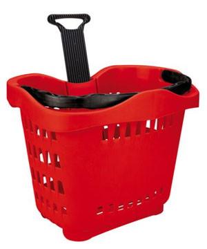 Red Plastic Shopping Basket on Wheels 43Litre - 1x Per Pack