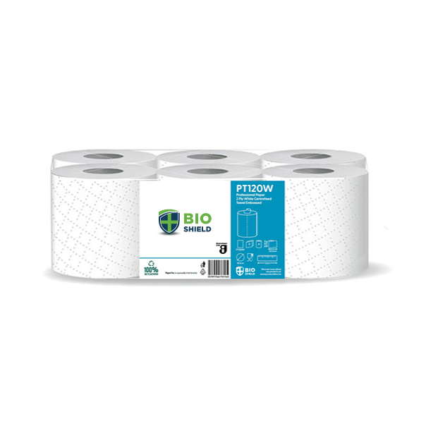 Bio-Shield White Centrefeed Rolls 2Ply 166mm x 120 Metres - 6x Per Pack