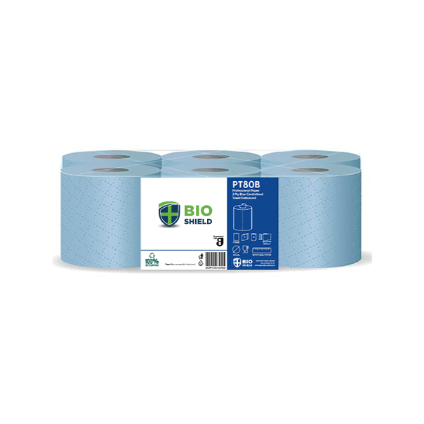 Bio-Shield Blue Centrefeed Rolls 2Ply 166mm x 80 Meters - 6x Per Pack