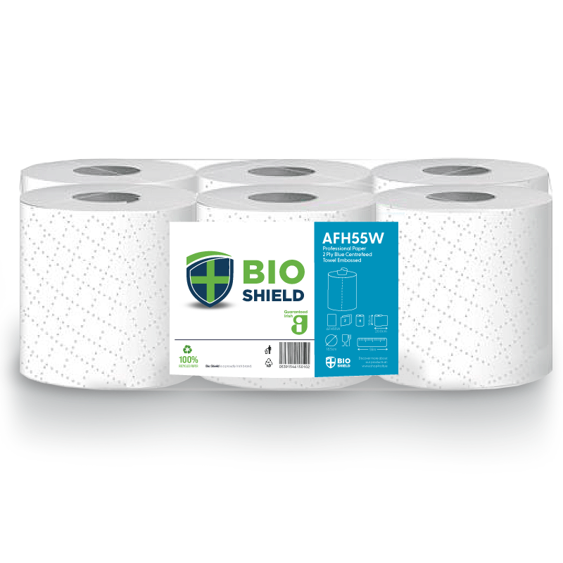 Bio-Shield White Centrefeed Rolls 2Ply 166mm x 55 metres - 6x Per Pack