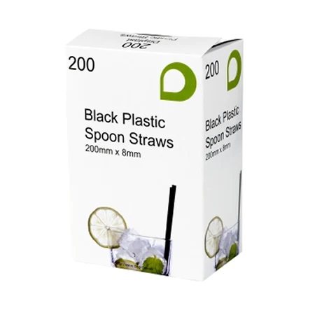 PP Straws Black Spoon Like  - 8mm x 200mm - 200x Per Pack