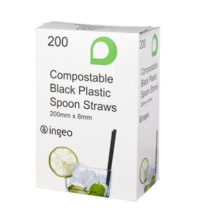 Black Compostable Spoon Straws 8mm x 200mm - 200x Per Pack