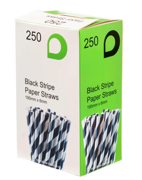 Paper Straws Black & White - 6mm x 195mm - 250x Per Pack