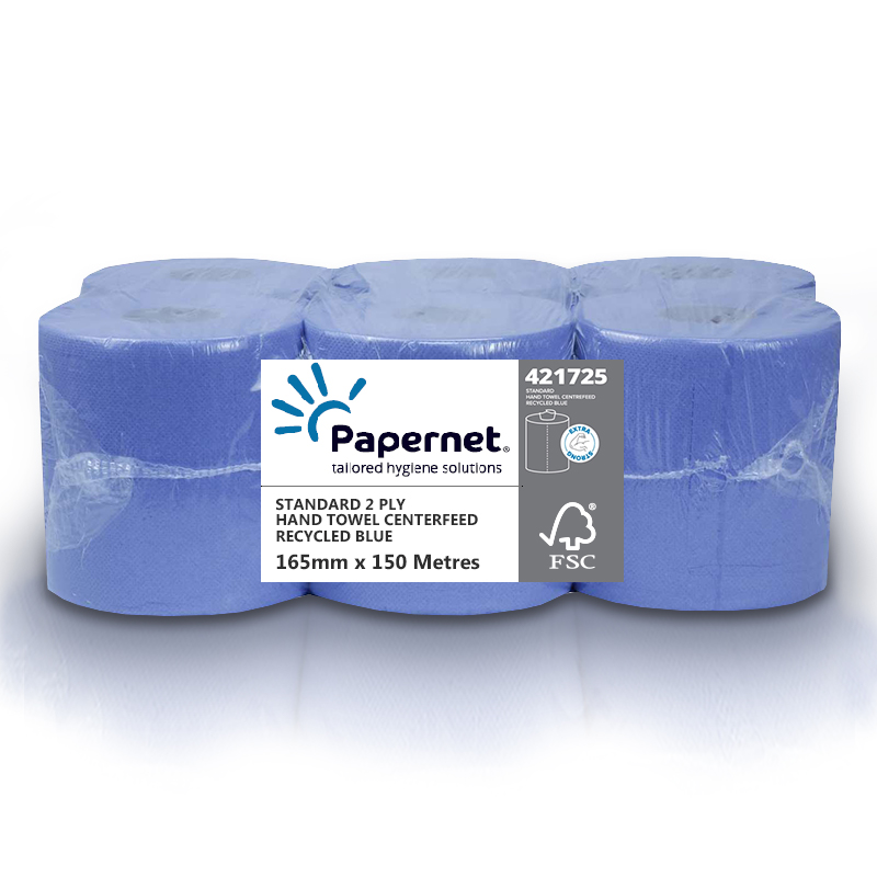 Blue Centrefeed Rolls 2Ply 165mm x 150 Metres - 6x Per Pack