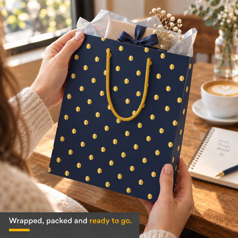 Luxury Gift Bag with Rope Handles - Dark Blue Design Dots - Extra Large Size - 20x Per Pack