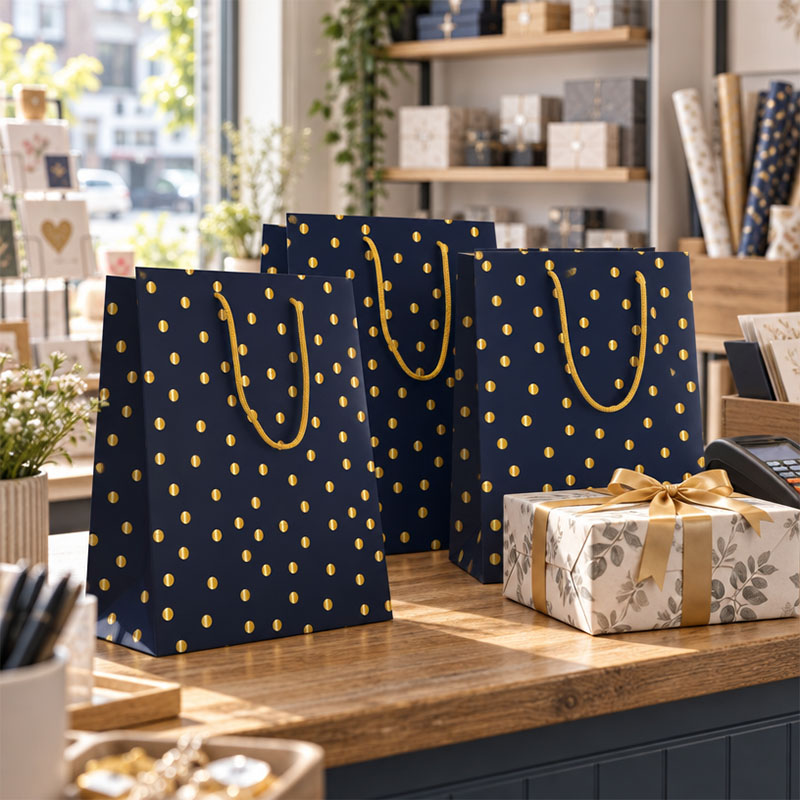 Luxury Gift Bag with Rope Handles - Dark Blue Design Dots - Extra Large Size - 20x Per Pack