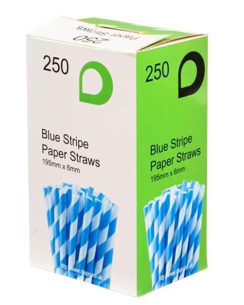 Paper Straws Blue & White - 6mm x 195mm - 250x Per Pack