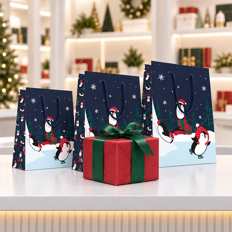 Luxury Christmas Gift Bag with Rope Handles - Design Penguins - Medium Size - 20x Per Pack