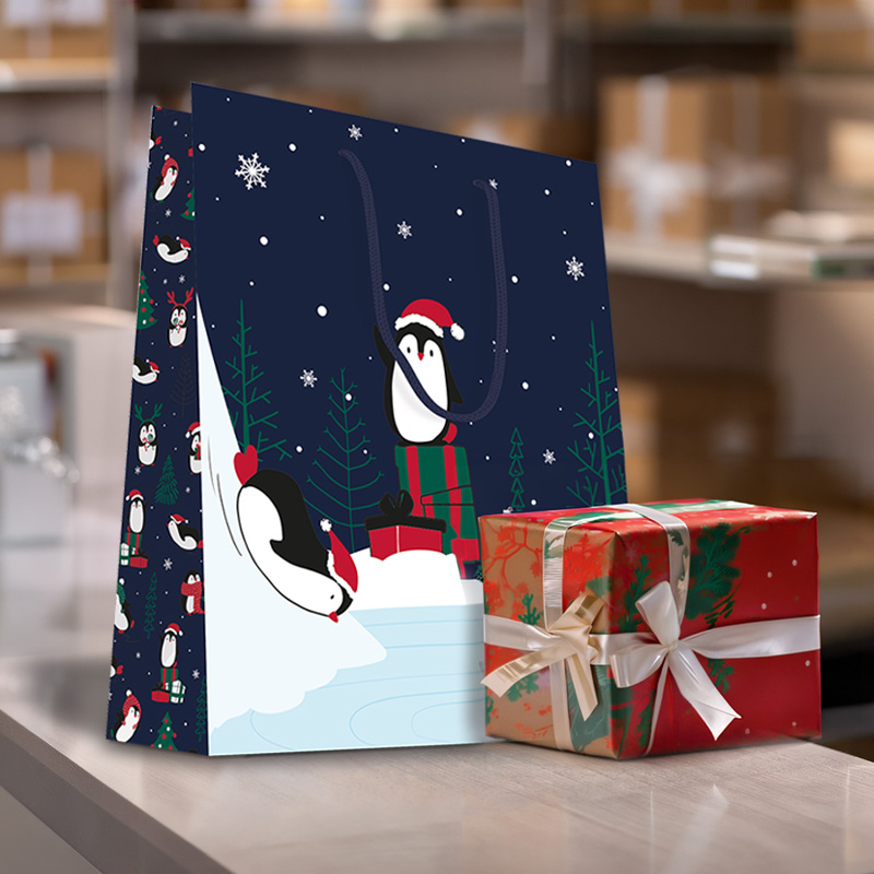 Luxury Christmas Gift Bag with Rope Handles - Design Penguins - Medium Size - 20x Per Pack