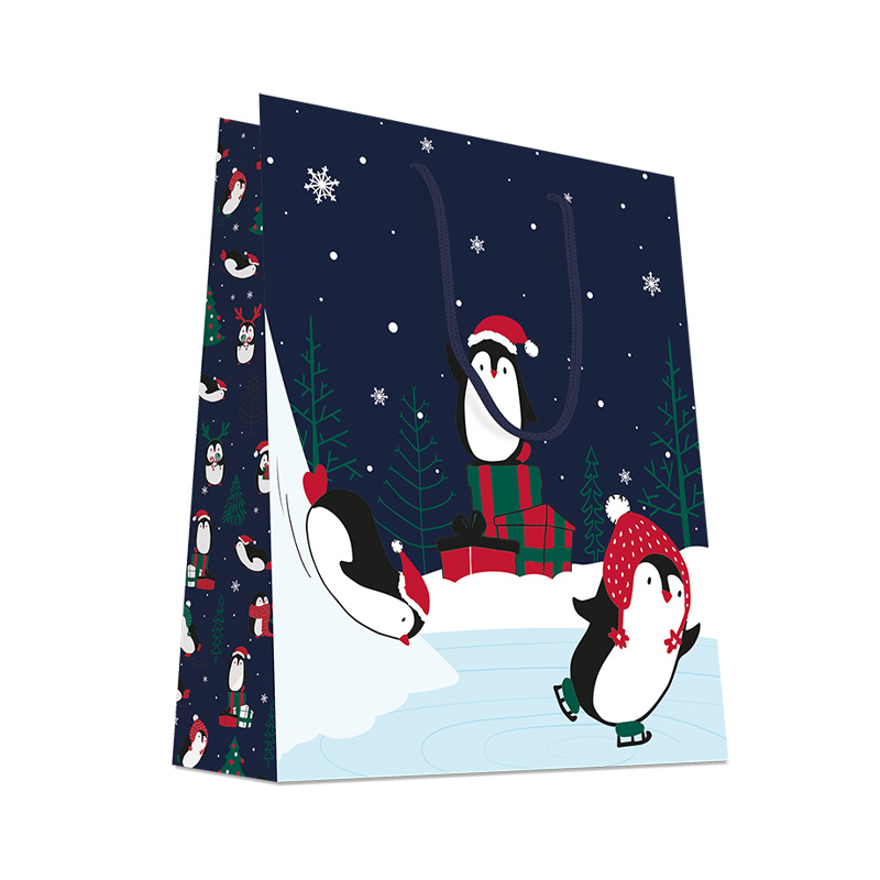 Luxury Christmas Gift Bag with Rope Handles - Design Penguins - Large Size - 20x Per Pack