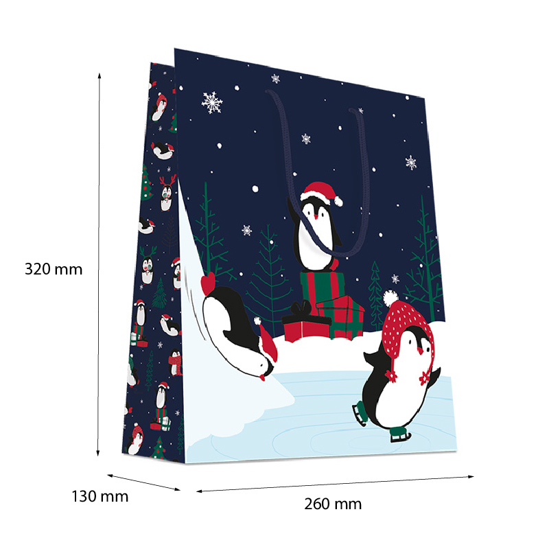 Luxury Christmas Gift Bag with Rope Handles - Design Penguins - Large Size - 20x Per Pack