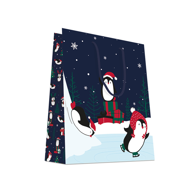 Luxury Christmas Gift Bag with Rope Handles - Design Penguins - Medium Size - 20x Per Pack