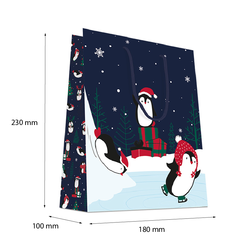 Luxury Christmas Gift Bag with Rope Handles - Design Penguins - Medium Size - 20x Per Pack