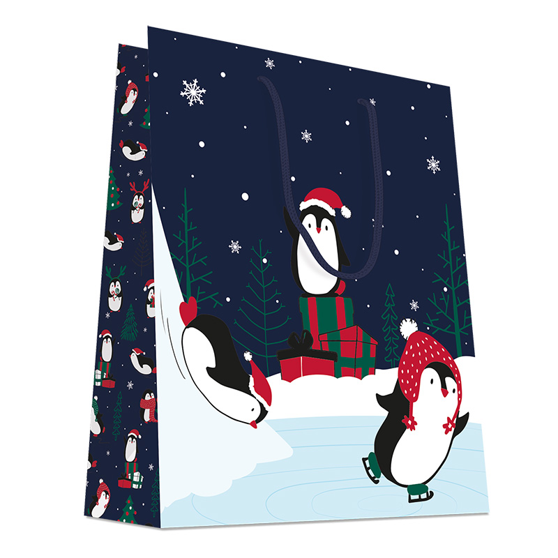 Luxury Christmas Gift Bag with Rope Handles - Design Penguins - Extra Large Size - 20x Per Pack
