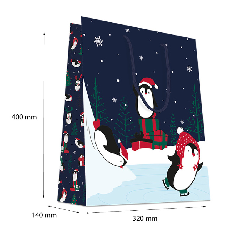 Luxury Christmas Gift Bag with Rope Handles - Design Penguins - Extra Large Size - 20x Per Pack