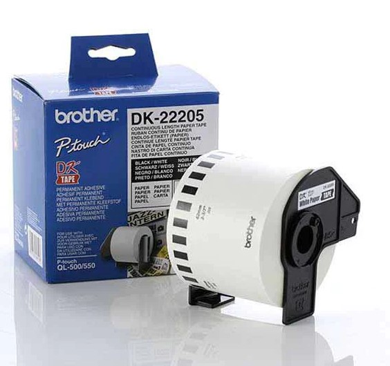 Brother Black on White 62mm x 30.48metres Continuous Length Paper Tape DK22205