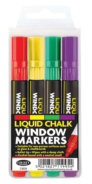 Liquid Chalk Window Markers Assorted - 4 Per Pack Liquid Chalk Window Markers Assorted - 4 Per Pack