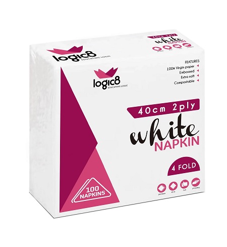 Dinner Napkins White - 2Ply 40x40cm 4x Fold - 100x Per Pack