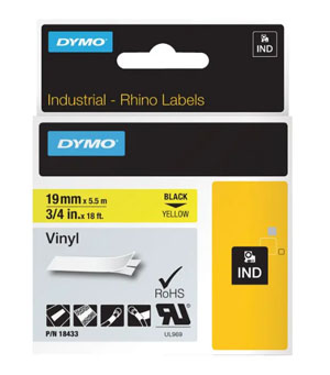 Dymo 18433 Rhino Vinyl Tape 19mm x 5.5m Black on Yellow - 1 Per Pack