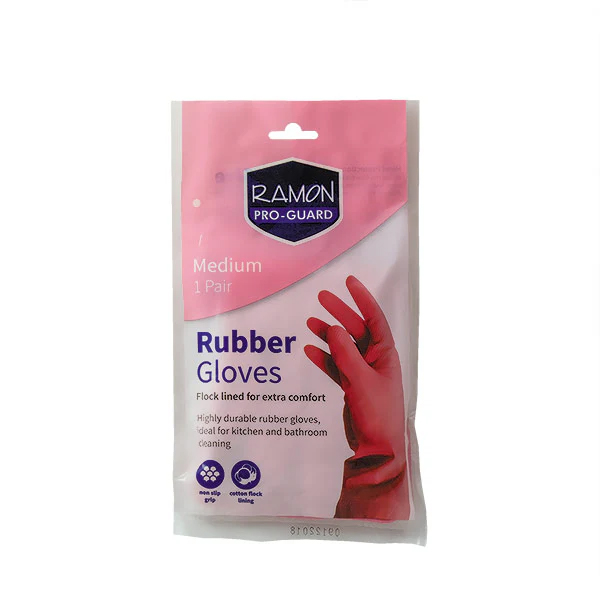 Janitorial Red/Pink Cleaning Rubber Gloves - Medium Size - 1x Pair Per Pack