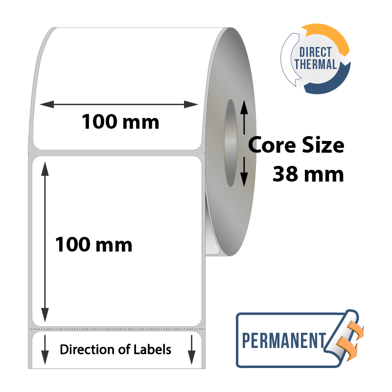 Zebra Direct Thermal Labels - 100mm x 100mm x 38mm - 500x Labels Per Roll