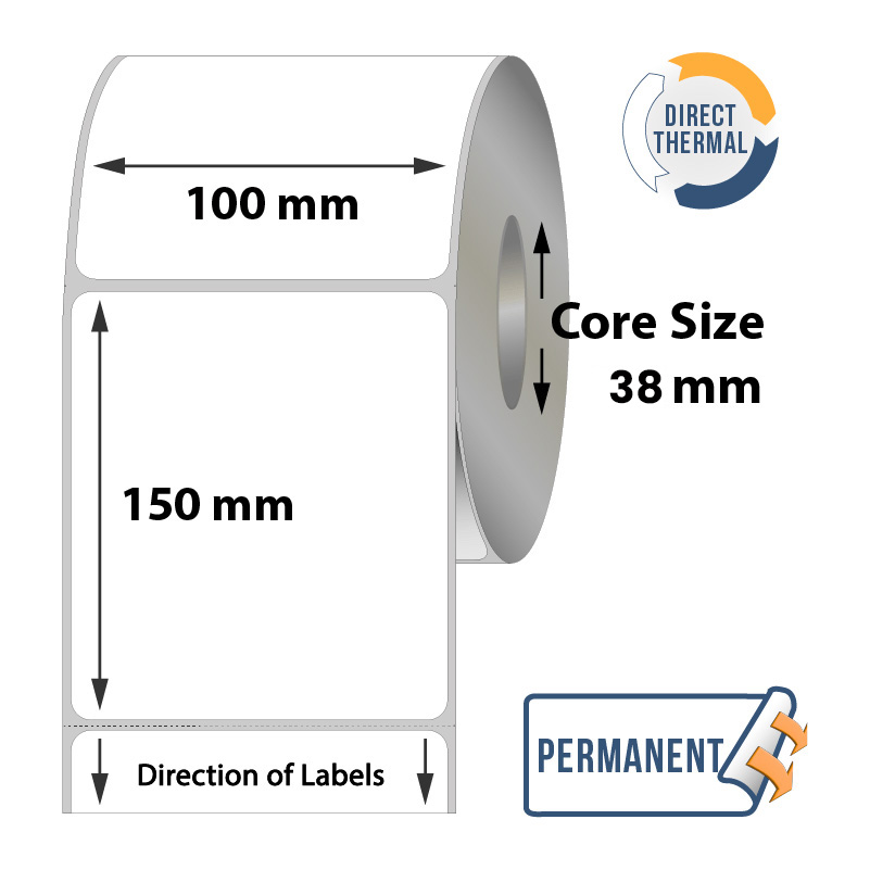 Direct Thermal Labels - 100mm x 150mm x 38mm - 500x Labels Per Roll