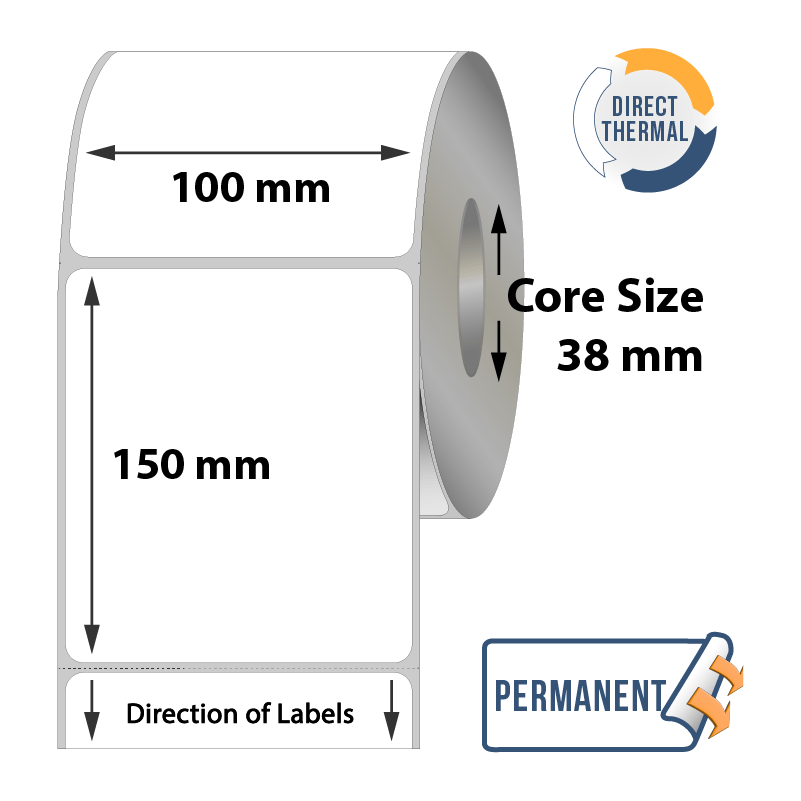 Zebra Direct Thermal Labels - 100mm x 150mm x 38mm - 500x Labels Per Roll