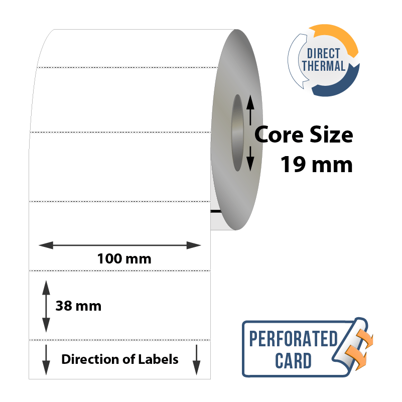 Zebra Direct Thermal Perforated Card - 100mm x 38mm x 19mm - 400x Labels Per Roll