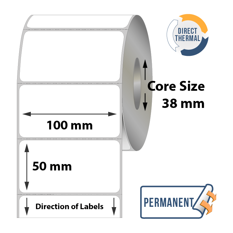 Zebra Direct Thermal Labels - 100mm x 50mm x 38mm -  1,000 Labels Per Roll