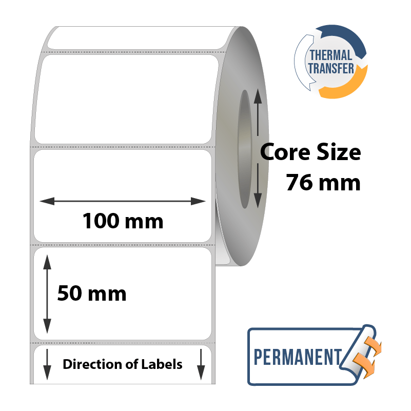 Thermal Transfer Labels - 100mm x 50mm x 76mm - 2500x Labels Per Roll