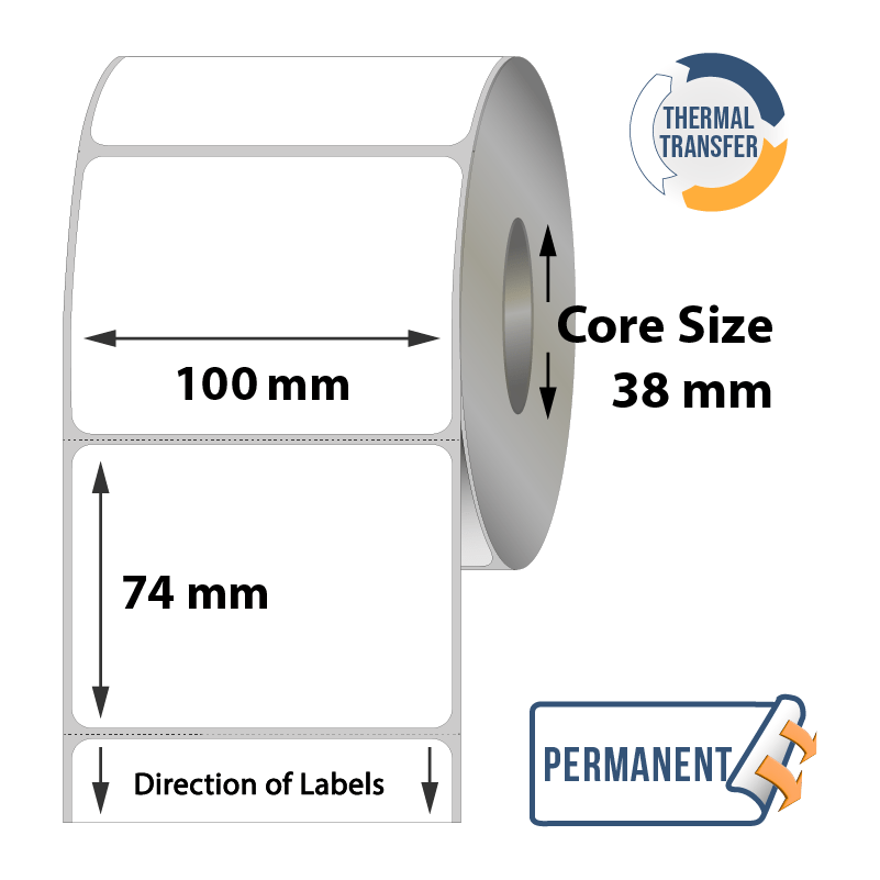 Thermal Transfer Labels - 100mm x 74mm x 38mm - 500x Labels Per Roll