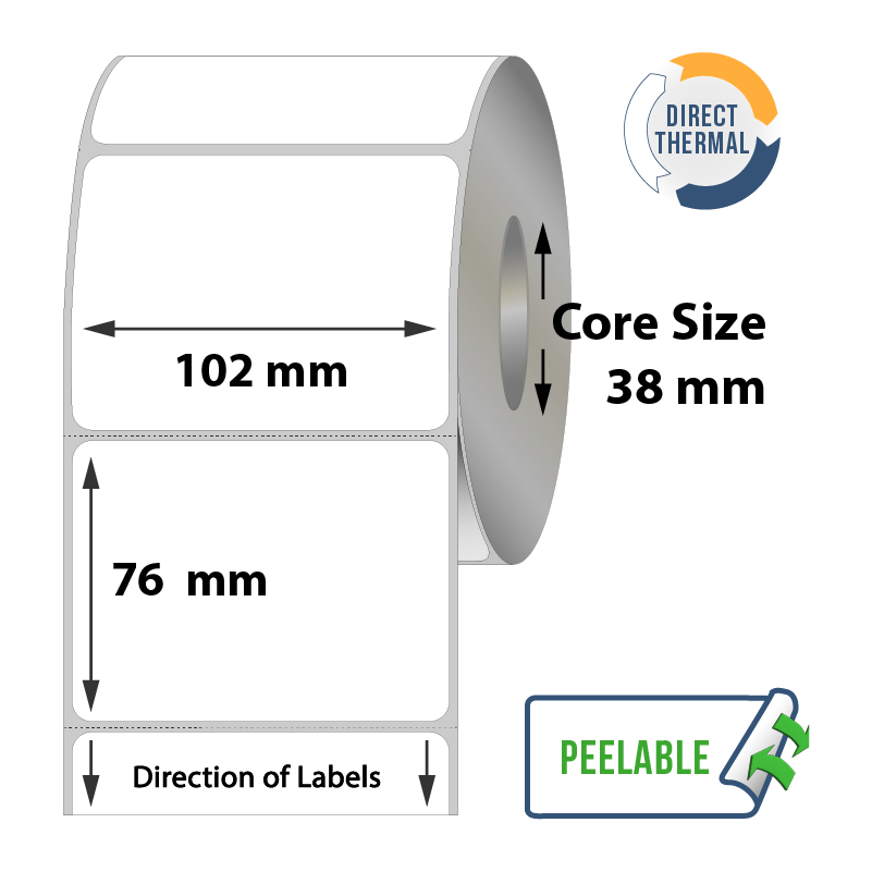 Zebra Direct Thermal Labels - 102mm x 76mm x 38mm - 500x Labels Per Roll