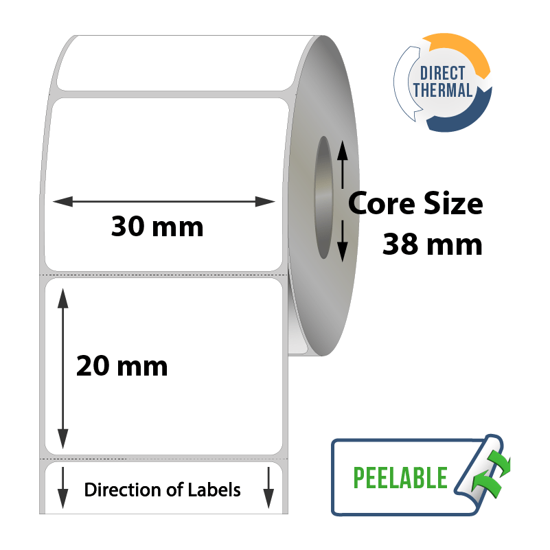 Zebra Direct Thermal Labels - 30mm x 20mm x 38mm - 1800x Labels Per Roll