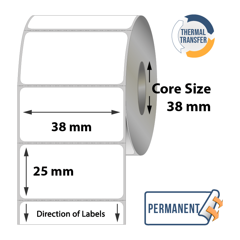 Thermal Transfer Labels - 38mm x 25mm x 38mm - 2000x Labels Per Roll