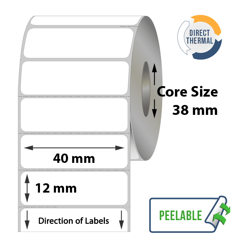 Zebra Direct Thermal Labels - 40mm x 12mm x 38mm - 1800x Labels Per Roll