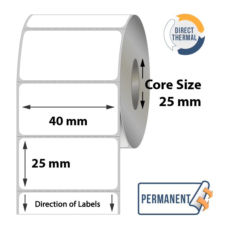 Zebra Direct Thermal Labels - 40mm x 25mm x 25mm - 2000x Labels Per Roll