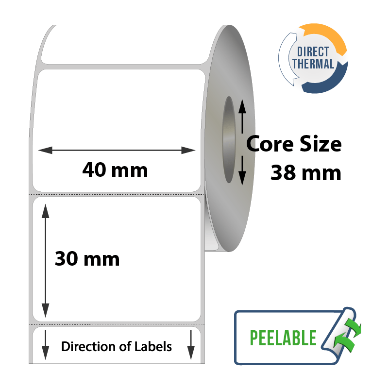 Direct Thermal Labels - 40mm x 30mm x 38mm - 1000x Labels Per Roll